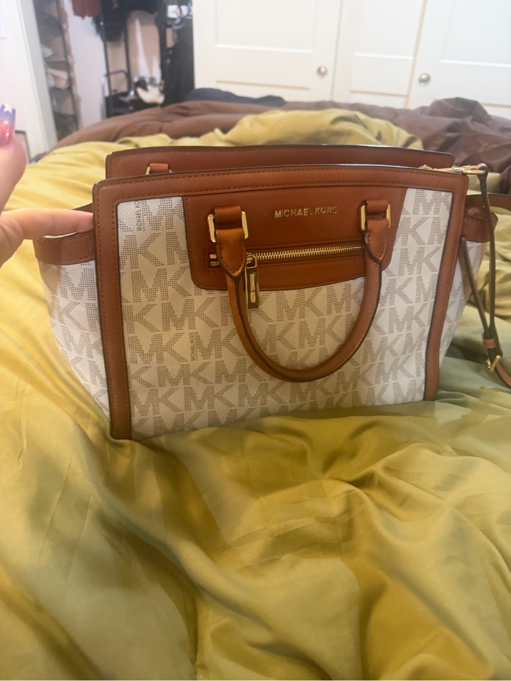 PRICE DROP!!! Michael Kors White Signature MK Satchel with Brown Trim